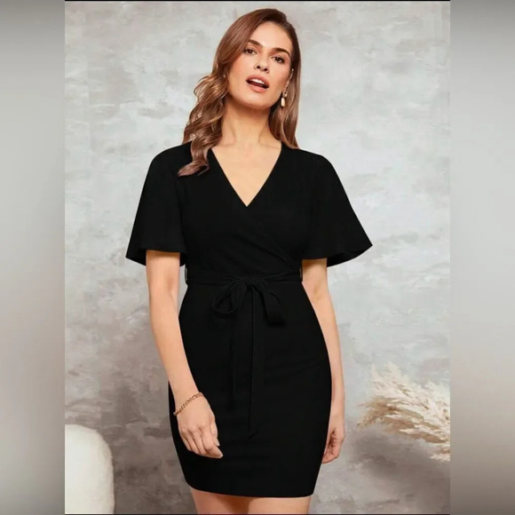 SHEIN Clasi Surplice Neck Butterfly Sleeve Belted Bodycon Dress - Picture 5 of 7